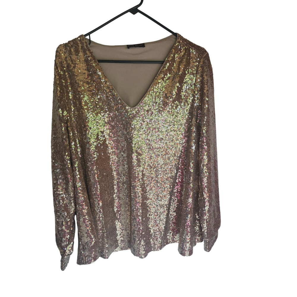 Lane Bryant Rose Gold Sequin V-Neck Long Sleeve Blouse Top Plus Size 14 Holiday
